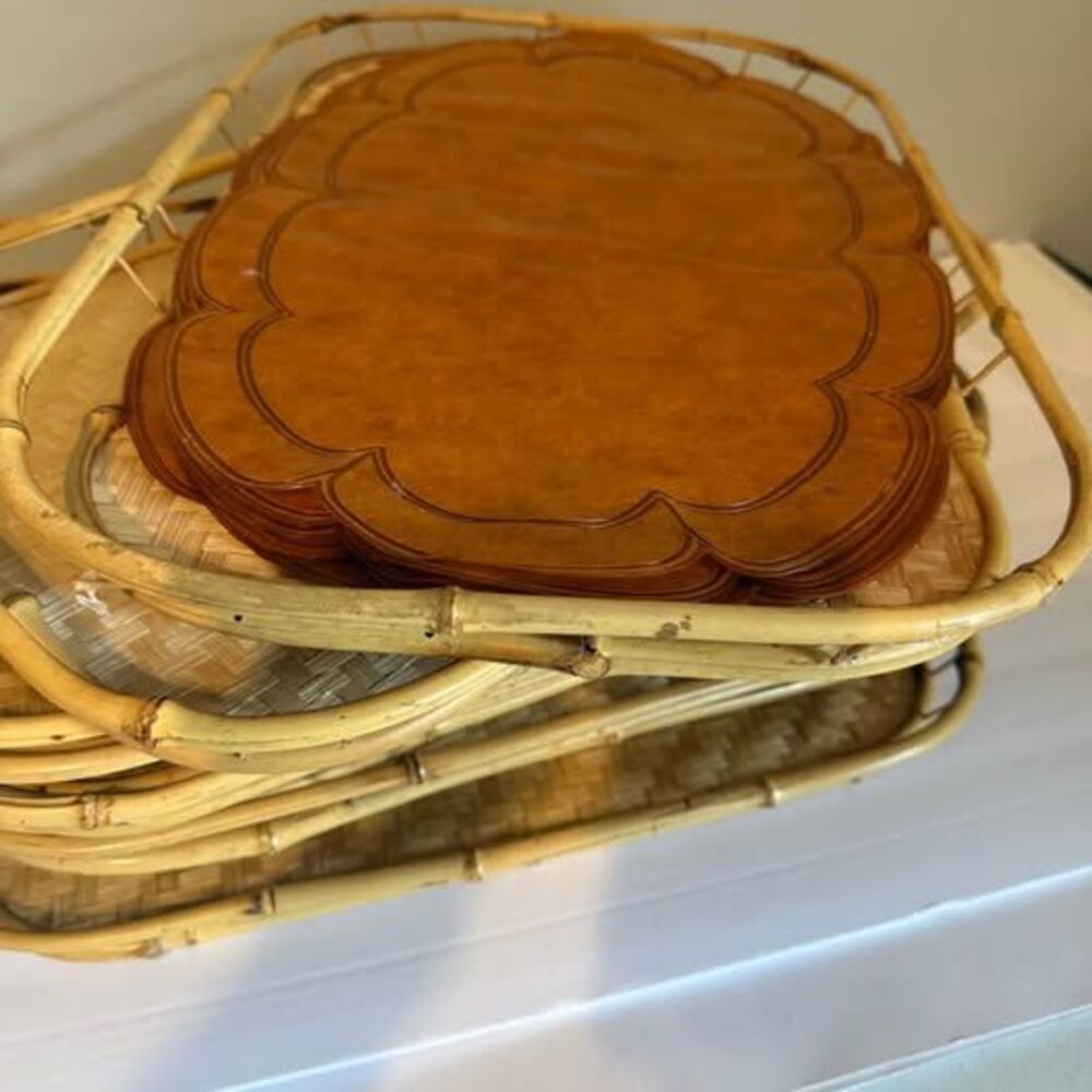 9 Boho Vintage Bamboo Serving Trays and 8 70s Orange Placemats Set